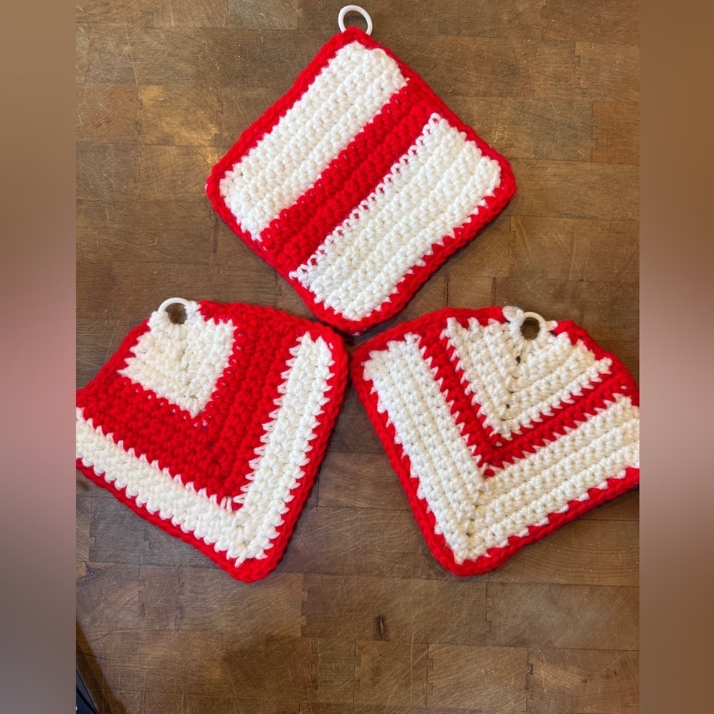 Handmade Red & White Crochet Pot Holders - Set of 3